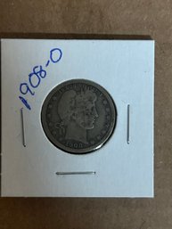 Beautiful 1908-O Barber Quarter, Silver Coin