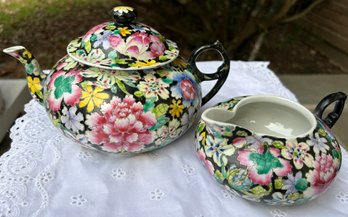 Vintage China Black Floral Teapot & Creamer  ( READ Description)