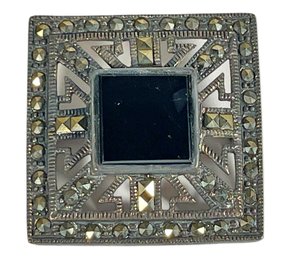 Sterling Silver Black Onyx And Marcasite Stone Square Brooch Pin  1