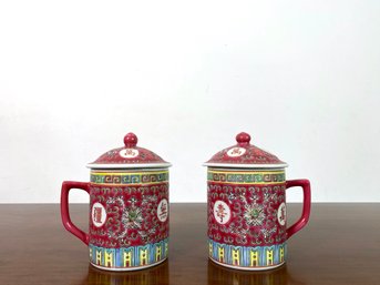 Pair -Traditional Chinese Jingdezhen Ceramic Tea Cup Mug With Lid