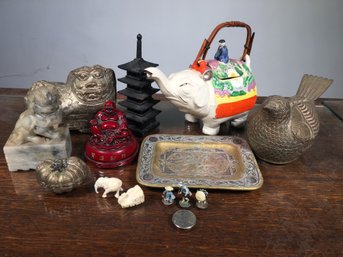 Foo Dog - Pagoda - Lot Of Assorted Antique / Vintage Chinese / Asian Items - Look At The TEENY Tiny Fisherman