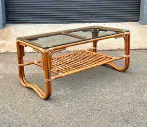 Mid Century Bamboo And Glass Top Coffee Table