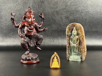 A Grouping Of Vintage Spiritual Figures: Carved Ganesha, Buddha Pendant & Jade Budda