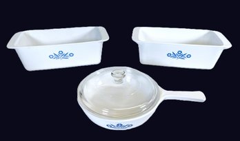 Corning Ware Cornflower Blue-Two 2 Quart Loaf Pans And 6.5' Menu-ette With Lid