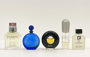 Five Vintage Minis- Empty R. Lalique Cobalt Worth Bottle, Palsma Picasso, Paco Rabanne, Pleasures & Eternity