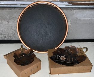 3 Pc Copper Lot ~ Tray & 2 New W/Box Coppercraft Guild Leaf Dishes ~