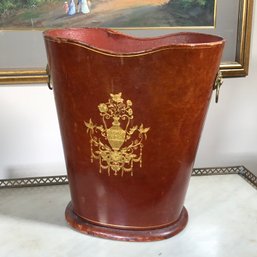 Nicest Vintage Leather Waste Basket Ive Ever Seen ! - Made In Italy- Beautiful Gold Inlay - Brass Lions Heads