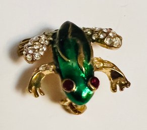 GOLD TONE ENAMEL RHINESTONE FROG BROOCH