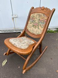 Antique Folding Rocking Chair With Floral Tapestry Detail