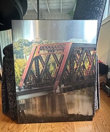 Beautiful Rail Road Bridge On The Water Art Print With Trees & Steeples On A Metal Plate. Framed Wall Hanging.