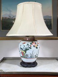 (1 Of 2) Wonderful Vintage Ginger Jar Converted To Lamp - Carved Wooden Base - All Hand Painted - WOW !