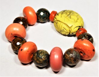 Large Asian Hardstone Bracelet Having Large Carved Bead Coral