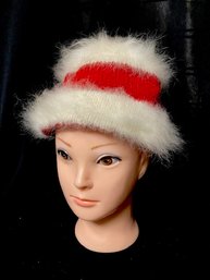 Vintage Red & White Knit W/ Faux Fur Hat