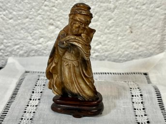 Vintage Chinese Soapstone Wise Man Sculpture Figurine On Carved Wood Base - 3-3/8' Tall On Base