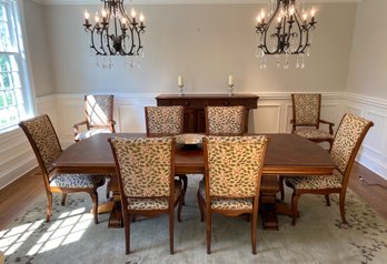 Ethan Allen Tuscany Pedestal Dining Table With 8 Upholstered Chairs With Slipcovers, Table Pads And Leaf