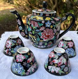Vintage China Black Floral Teapot 7.5' H With Matching 4 Cups 2.25' Height