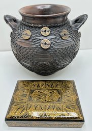 Vintage Thai Wood Urn With Wire & Coin Decor, Purchased In Thailand & Vintage Lacquered Box