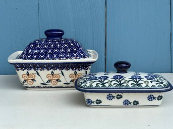 Two Handmade Polish Pottery Covered Dishes