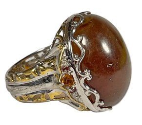 Large Designer Amber Large Cabochon Stone Lades Ring Fancy Setting, About Size 7