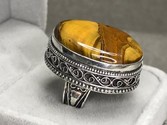 Gorgeous Large Sterling Silver / 925 Cocktail Ring With High Polished Tiger Eye - Beautiful Filigree Work