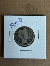 Beautiful 1914-D Barber Quarter, Silver Coin