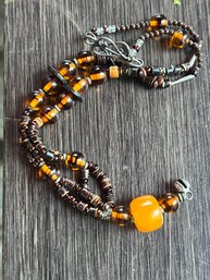 Amber And Acrylic Beaded Necklace With Silver Hook Clasp