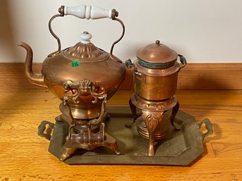 COPPER KETTLE ON STAND AND A MINIATURE SAMOVAR