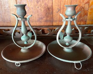 Pair Of Antique Patinated Hand Carried Candle Holders