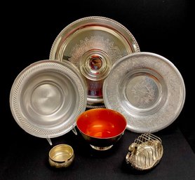 Grouping Of Vintage Serving Pieces Including Silver Plates, Aluminum, Etc