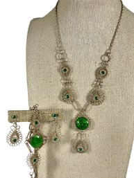 Low Grade Silver Green Glass Necklace, Earrings And Bracelet Vintage
