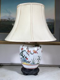 (2 Of 2) Wonderful Vintage Ginger Jar Converted To Lamp - Carved Wooden Base - All Hand Painted - WOW !