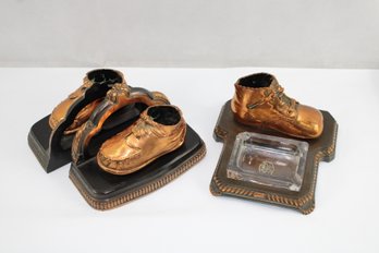 Vintage Bronze Baby Shoe Bookends And Ashtray