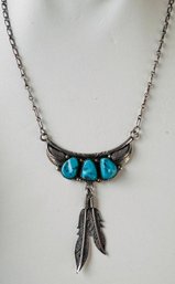 BEAUTIFUL SIGNED NATIVE AMERICAN STERLING SILVER TURQUOISE FEATHER NECKLACE
