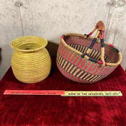 African Handwoven Baskets Bolga Market Basket With Leather Handle Yellow Basket Both Nice