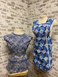 Vintage Pairing Of Blue Patterned Apron/smock