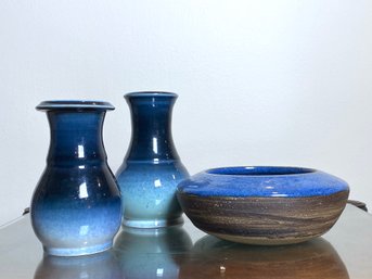 Trio Of Art Pottery Vessel Pair And Bowl