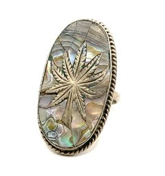 Large Vintage Sterling Silver Palm Tree Abalone Ring, Size 7