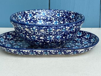 Handmade Polish Pottery Bowl With Matching Serving Dish