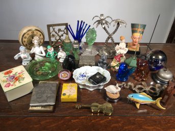 CONTENTS OF CURIO CABINET - Cobalt Glass - Limoges - Old Cigarette Cases - English Porcelain - Perfumes MORE