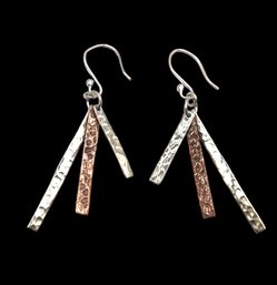 Vintage Mexican Sterling Silver With Copper Color Hammered Dangle Earrings