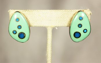 Sterling Silver Pierced Earrings Having Green Modernist Design