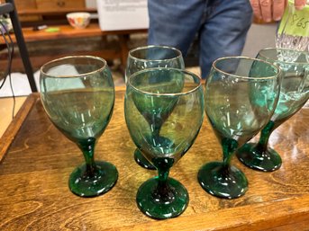 Set Of 5 Green Glasses Trimmed In Gold