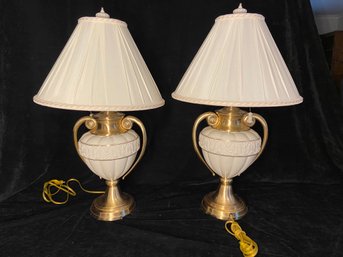 Pair Of Fine Lenox Lighting Brass And Ceramic Amphora Vase Table Lamps