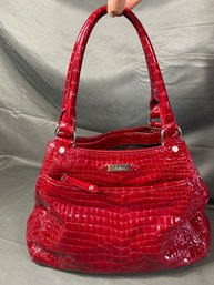 Cole Haan Red Patent Leather Faux Croc Embossed Shoulder Bag Purse