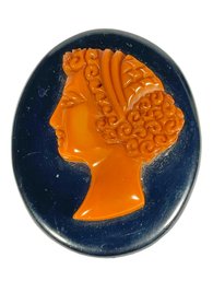 Dual Color Butterscotch And Black Large Bakelite Plastic Cameo Brooch