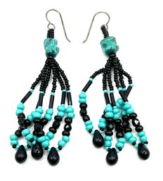 Vintage Turquoise And Onyx Color Beaded Long Dangle Earrings