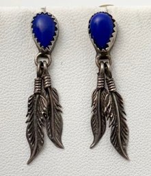 NATIVE AMERICAN STERLING SILVER LAPIS FEATHER DANGLE EARRINGS
