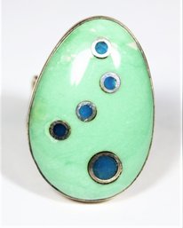 Size 8.5 Sterling Silver Modernist Ring Having Green Hand Painted Stone