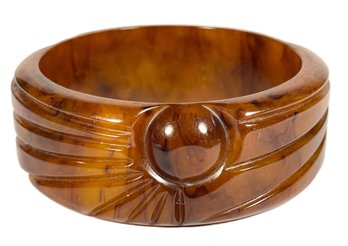 Marbleized Brown Deeply Carved Vintage Bakelite Wide Bangle Bracelet