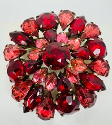 VINTAGE PINK AND RED RHINESTONE PRONG SET BROOCH